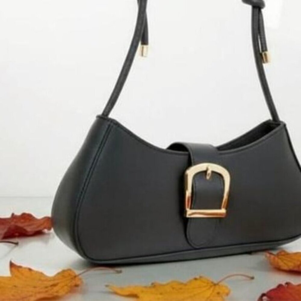 Trendy Minimalist Black Baguette Shoulder Bag With Gold Buckle Accent - Picture 9 of 11